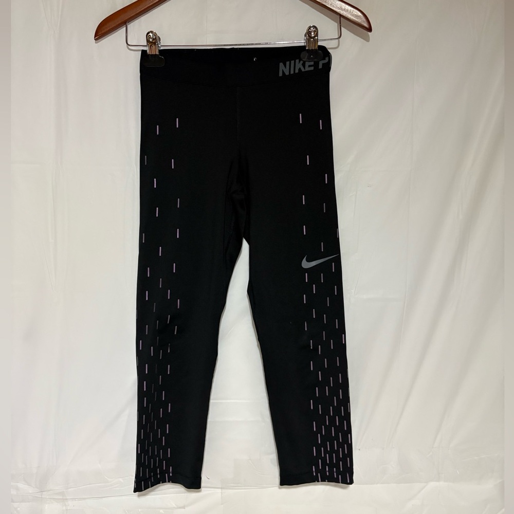 Nike Black Crop Leggings with Light Purple Dash Details